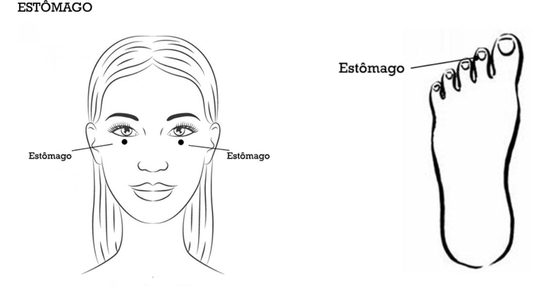 Pontos de tapping do meridiano Estômago, desenhados por Katia
